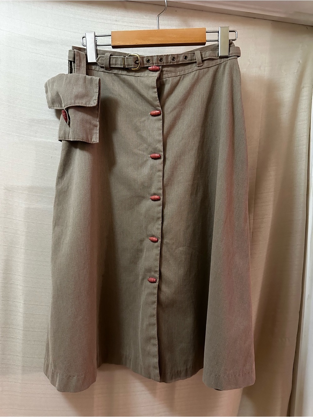 Vintage 70s Union Made A-Line Midi Skirt Belted Utility Pocket Cottagecore XS